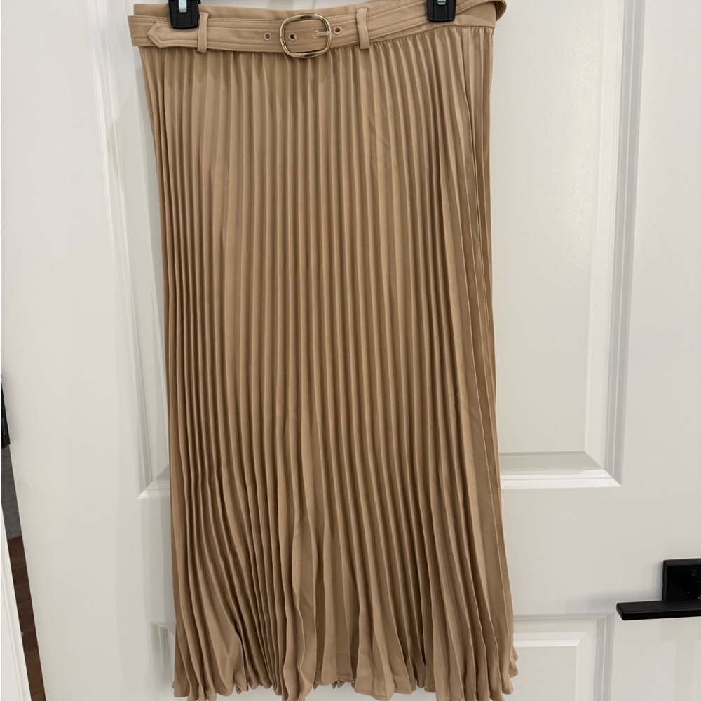 Ann Taylor Tan Pleated Midi Skirt with Belt